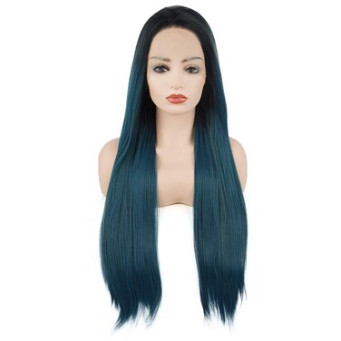 Hair Straight Super Long 28inch Dark Root Blue Green Mix Heavy Density Realistic Synthetic Lace Front Wigs