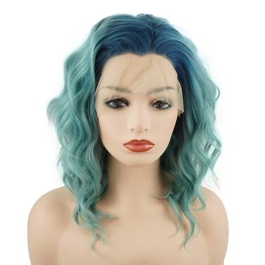 Hair Curly Short 14inch Blue Root Light Blue Ombre Heavy Density Realistic Synthetic Lace Front Wigs