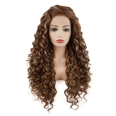Hair Curly Long 26inch Dark Brown and Blonde Mix Heavy Density Half Hand Tied Realistic Synthetic Lace Front Wigs