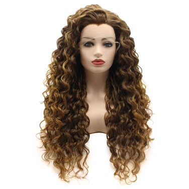 Hair Curly Long 26inch Brown Root Honey Blonde Ombre Half Hand Tied Synthetic Lace Front Wigs