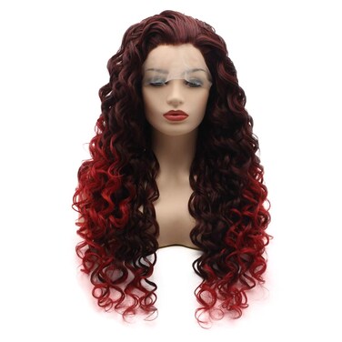 Hair Curly Long 26inch Auburn Root Red Ombre Half Hand Tied Realistic Synthetic Lace Front Wigs