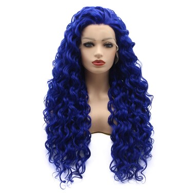 Hair Curly Long 26inch Navy Blue Heavy Density Realistic Synthetic Lace Front Wigs