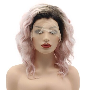 Hair Curly Short 14inch Dark Root Pink Ombre Wig Heavy Density Realistic Synthetic Lace Front Wigs
