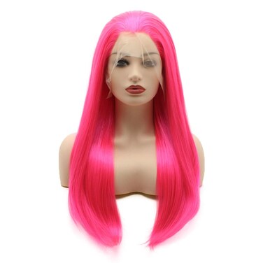 Hair Straight Long 24inch Rose Red Half Hand Tied Realistic Synthetic Lace Front Wigs