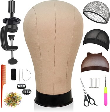 STUDIO LIMITED Canvas Block Head DIY Wig Making Starter Kit 12pcs, Long Neck (12"), Mannequin Head Wig Display and Stand for Styling (23'' Set)