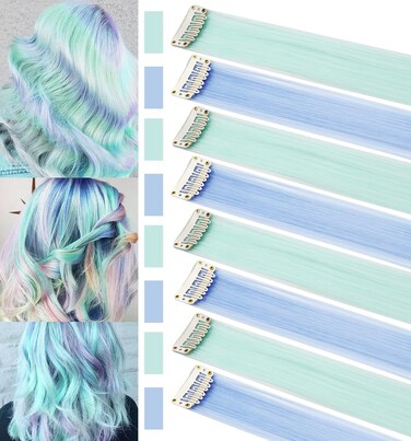 Rhyme 21" 16 PCS Light Green Sky Blue Hair Ins Colored Clip in Hair Extensions Straight Fashion Hairpieces for Party Highlights Girls Hair Accessories (Light green,Light blue)