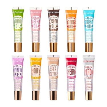 Ruby Kisses Broadway Vita-Lip Clear Lip Gloss (10 Pack), Hydrating &amp; Soothing Formula with Vitamin, High-Shine Non-Sticky Lip Balm with Mint, Rosehip, Coconut, Mango, Argan, Honey, Shea, Cherry, Peach