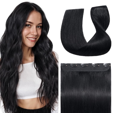 S-noilite Clip in Human Hair Extensions 1 Piece 5 Clips 3/4 Full Head Clip on Remy Hair Extension For Women Lighter One-Piece Design Adding Hair Volume 18Inch 50g Jet Black
