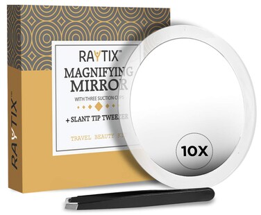 10X Magnifying Mirror &amp; Slant Tweezers Set Makeup Application &amp; Eyebrow Removal Essentials   Round Mirror With 3 Suction Cups &amp; Stainless Steel Slant Tip Tweezer Use for Makeup Application 6 Inch
