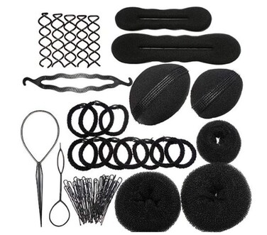 1Set Hair Tie Donut Ring Ropes Hairpins Pin Barrette Rubber Band Bun Insert Bump Up Maker Clip Comb Braid Ponytail Holder Twist Hairband Chignon Pads DIY Hair Style Styling Braiding Tool