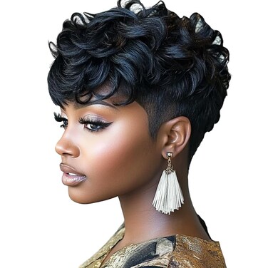 Pixie Cut Wig Short Wigs for Black Women Short Black Curly Pixie Cut Wigs Natural Black Wavy Synthetic Hair Short Wig with Bangs Pixie Wig for Women(Natural black)