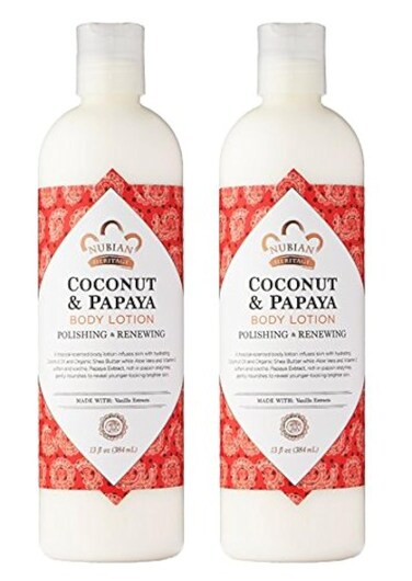 Nubian Heritage Coconut &amp; Papaya Body Lotion (Pack of 2) with Shea Butter, Cocoa Seed Butter, Olive Oil, Aloe Vera Juice, Papaya Fruit Extract, Songi Mushroom Extract and Roselle Flower, 13 oz