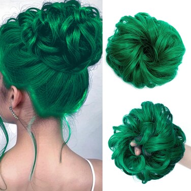 Space buns hair piece, Green Hair Bun Hair Pieces for Women Girls Synthetic Wavy Curly Hair Bun Scrunchies Ponytail Extensions (Green)