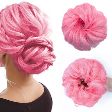 Space Bun Hair Piece, Pink Messy Bun Hair Pieces for Women Girls Synthetic Wavy Curly Hair Bun Scrunchies Ponytail Extensions (Pink)
