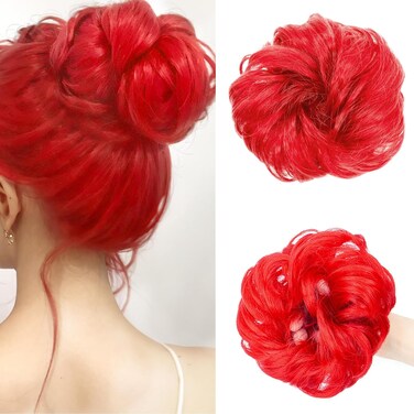 Messy Bun Hair Piece, Hair Bun Hair Pieces for Women Girls Synthetic Wavy Curly Hair Bun Scrunchies Ponytail Extensions (Red)