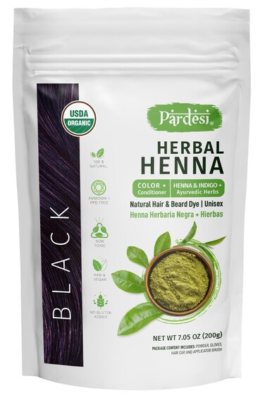 Pardesi Hair Henna Powder Black Color I USDA Organic I 7.05 oz (200 Gram)   Natural Hair &amp; Beard Dye I Unisex I Amonia and PPD Free I Includes Gloves, Hair Cap and Applicator I From India