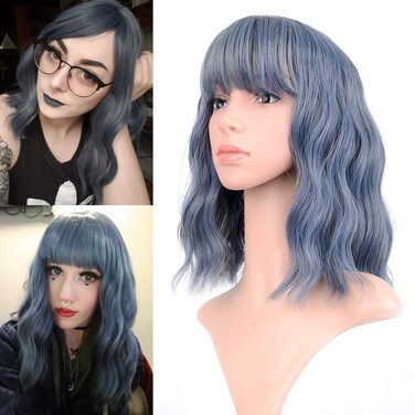 FAELBATY Blue Wigs With Air Bangs Shoulder Length Short Wave Wig For Women Curly Wavy Synthetic Cosplay Wig Blue Wig for Girl Halloween Costume Wigs (12" Dusky Blue Color)