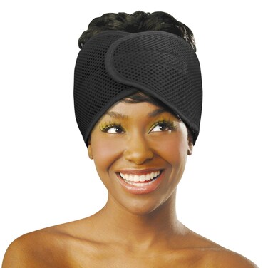 DONNA DELUXE FOAM MESH WRAP OLIVE + VITAMIN E TREATED, Curly Hair Care Essentials Face Wash, Makeup, and Headband for Women, 1PC (BLACK, 1 Count (Pack of 1))
