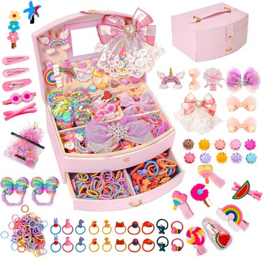 Hair Accessories Including Jewelry Box, Clips, Barrettes, Ties, Bows - Gift for Teen Girls Age 3-12