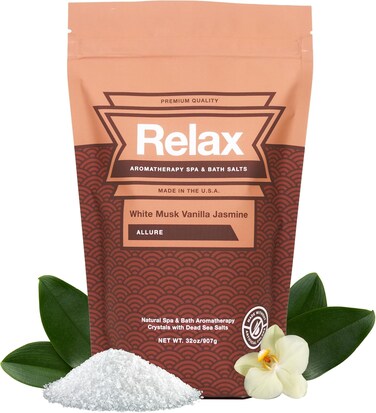 Relax Spa &amp; Bath, Epsom Salt Aromatherapy Bath Salts, Epsom Salt Bath Soak, Dead Sea Salt for Soaking, Hot Tub Spa Aromatherapy, Bath Crystals with Vitamins &amp; Minerals, White Musk Vanilla Jasmine