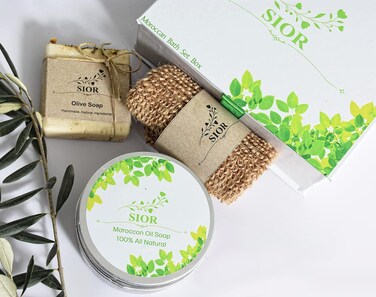 Moroccan Hammam Set, 3 in 1,Moroccan Soap and Handmade Olive Bar Soap With Natural Hemp Vegetable Fiber Bath Exfoliating Glove,Moroccan Bath Set Box, Luxury Box Gift