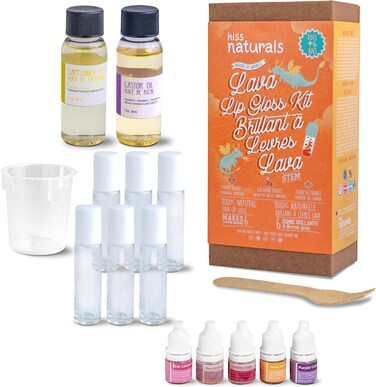 Kiss Naturals - Lava Lip Gloss Kit - With Organic Castor Oil, Safflower Oil, Coconut Oil - STEM DIY Science Kit - Make 6 Lip Gloss - 2 Natural Flavors - Birthday, Holiday, Party Gift for Girls