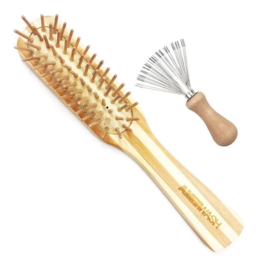 Bamboo Hair Brush with Cleaning Tool Set For Women Men, Bamboo Bristle Wood Paddle Detangling Brush Helps Hair Growth, Enhance Shine &amp; Health, Massaging Scalp