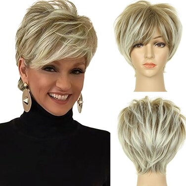 QUEENTAS Pixie Short Blonde Wig with Bangs Dark Roots Synthetic Hair Wigs for White Women (Brown Mixed Blonde)