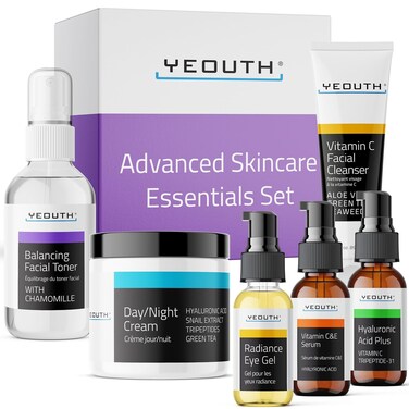 YEOUTH Skin Care Set: Hyaluronic Acid Serum, Vitamin C Serum, Face Cleanser, Toner, Under Eye Gel, Face Cream, 6-Piece Self Care Gifts For Women &amp; Men