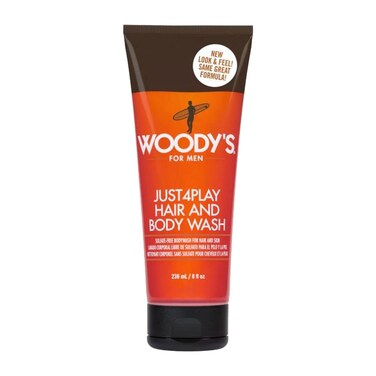 Woody's Just4Play Hair &amp; Body Wash for Men, Multipurpose Cleanser for Hair &amp; Skin, With Rosemary, Panthenol &amp; Ginger, Sulfate Free, 8 Fl Oz