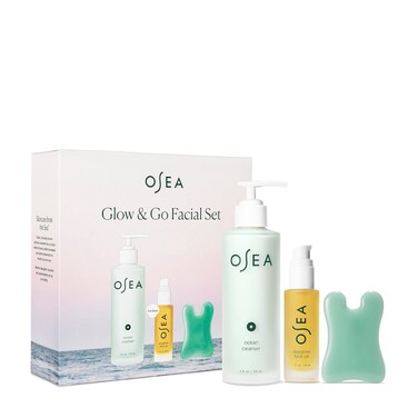 OSEA Glow &amp; Go Facial Full Size Set - Includes Full Size Ocean Facial Cleanser (5oz), DayGlow Face Oil (1oz), Gua Sha Sculptor - Clean Beauty Set - Radiant Mother's Day Gift Set