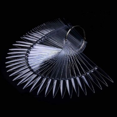 2 Sets 100 Tips Fan Shape Plastic Nail Art Tips Display Polish Board Display Practice Sticks with Metal Split Ring Holder (Clear Color)