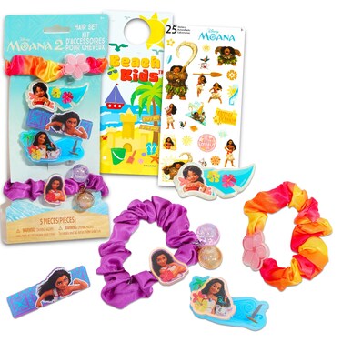 Moana Hair Accessories Set - Bundle with 3 Moana Hair Clips and 2 Moana Scrunchies Plus Stickers, More   Moana 2 Hair Accessories for Toddler Girls