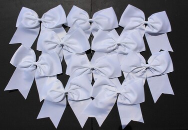 Kenz Laurenz 7" Jumbo Cheer Bow Big Hair Bows with Ponytail Holder Large Classic Accessories for Teens Women Girls Softball Cheerleader Sports Elastics Ties Handmade (10 pack White)