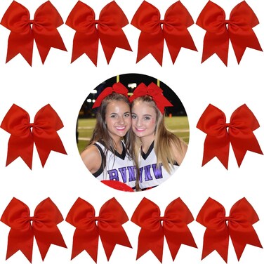 Kenz Laurenz 7" Jumbo Cheer Bow Big Hair Bows with Ponytail Holder Large Classic Accessories for Teens Women Girls Softball Cheerleader Sports Elastics Ties Handmade (10 pack Red)