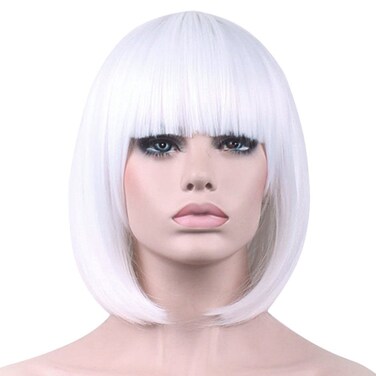 White Wigs for Women 12'' Short White Bob Hair Wig with Bangs Natural Synthetic Soft Wig Cute Colored Wigs for Daily Party Halloween BU027WH