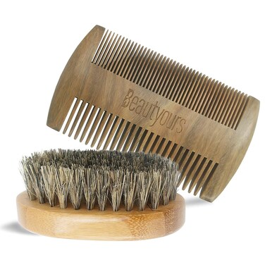 Beard Brush Kit Boar Bristle Brush and Sandalwood Comb with Storage Bag for Men, Fine &amp; Coarse Teeth Dual Brush for Mustache Anti-Static