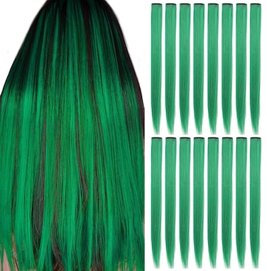 16 Pcs Straight One Color Party Highlights Clip on in Hair Extensions Colored Hair Streak Synthetic Hairpieces Green Hair Accessories Gifts for Girls Women (Green)