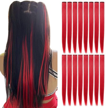 16 Pcs Straight One Color Party Highlights Clip on in Hair Extensions Colored Hair Streak Synthetic Hairpieces (Red)