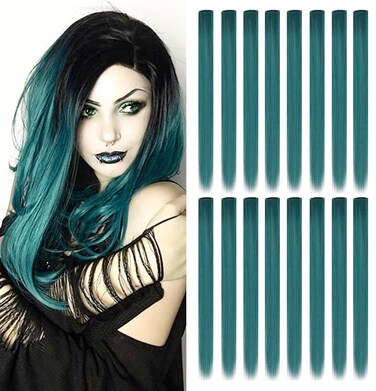 16 Pcs Straight One Color Party Highlights Clip on in Hair Extensions Colored Hair Streak Synthetic Hairpieces (Dark teal)