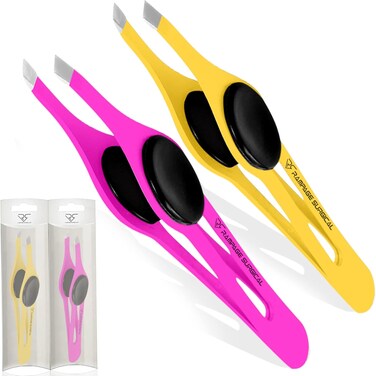 Professional Eyebrow Tweezers Slanted Tip Stainless Steel 2,3xPcs Set, Non-Slip Grip Slant Tip Tweezers for Facial Hair, Plucking Removing Ingrown Hairs, Tweezer for Women Men (Yellow&amp;Pink)