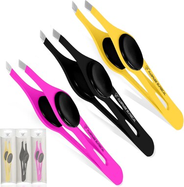 Professional Eyebrow Tweezers Slanted Tip Stainless Steel 2,3xPcs Set, Non-Slip Grip Slant Tip Tweezers for Facial Hair, Plucking Removing Ingrown Hairs, Tweezer for Women Men (Black&amp;Pink&amp;Yellow)
