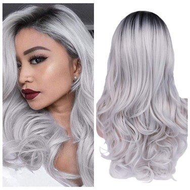 Quantum Love Ombre Gray Wigs for Women Long Wavy Middle Part Wig Long Curly Synthetic Daily Party Wig