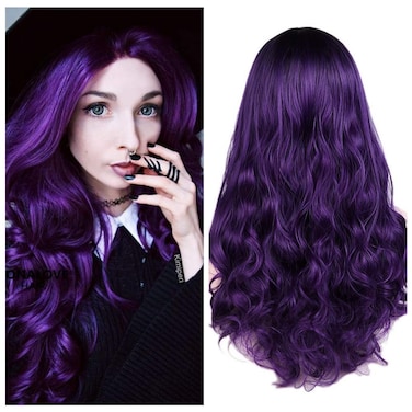 Quantum Love Ombre Purple Wigs Long Curly Wavy Purple Wig for Women Black to Violet 2 Tones Dark Roots Middle Part Natural Looking Synthetic Heat Resistant Fiber Wig for Daily Party Use
