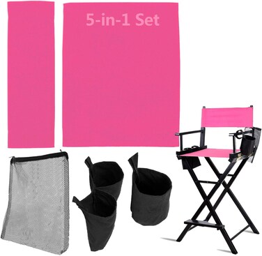 STAY GENT 5 in 1 Accessories Set for Makeup Artist Chair, (not including Chair) Deep Pink Chair Replacement Cover Canvas, 2 Portable Side Storage Bags and Hanging Mesh Bag