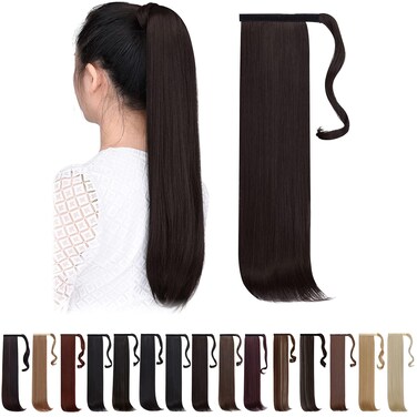 Fake Ponytail Dark Brown Clip Ponytails Straight 22" 5.1 Oz Wrap Around Synthetic Hair Extensions Del Pelo Girl Hair Piece Wig Women Fluffy Soft&amp;Not Tangled