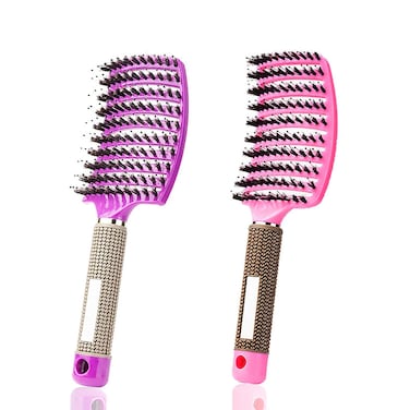 ZMD 2PC Curved Vented Detangling Hair Brushes,Boar Bristles Curly Hair Brush,Vent Styling Brush Wet Dry Detangler Hair Brushes Detangling Long Thick Hair for Women, Men &amp; Kids(Pink &amp; Purple)