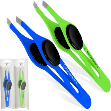 Professional Eyebrow Tweezers Slanted &amp; Pointed Tip Stainless Steel 2,3xPcs Set, Non-Slip Grip Slant Tip Tweezers for Facial Hair, Plucking Removing Ingrown Hairs, Tweezer for Women Men (Blue&amp;Green)