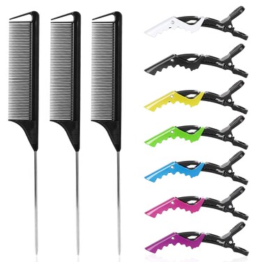 Rat Tail Comb Hair Clips Set: 3Pcs Rat Tail Combs, Hair Styling Combs for Women and 7 Professional Sectioning Hair Clips (Black)