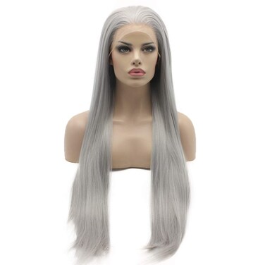 Lushy Straight Long 26inch Grey Half Hand Tied Synthetic Lace Front Wig